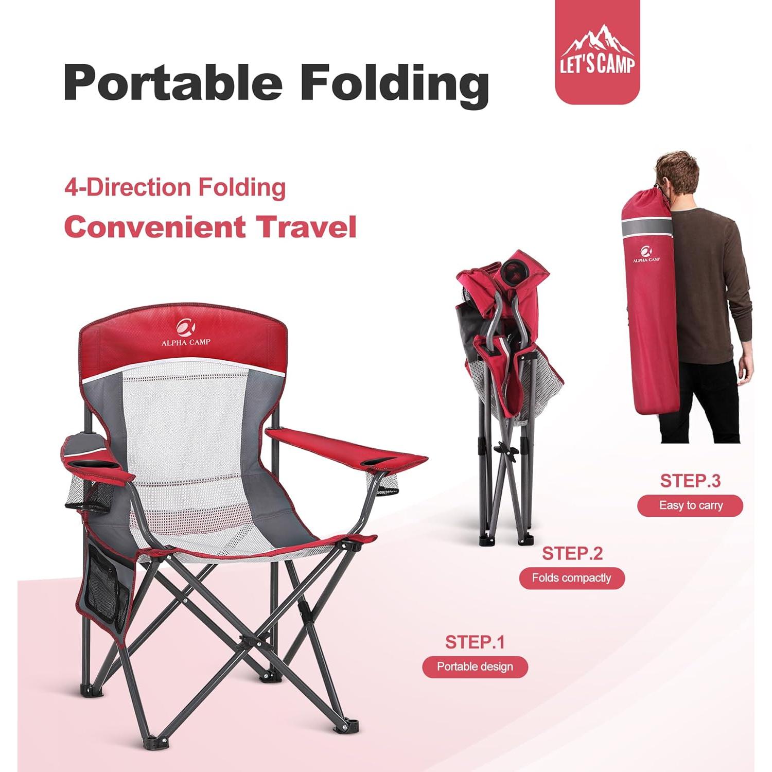 Silla de Camping Plegable LET'S CAMP Respaldo Malla 150 KG Roja