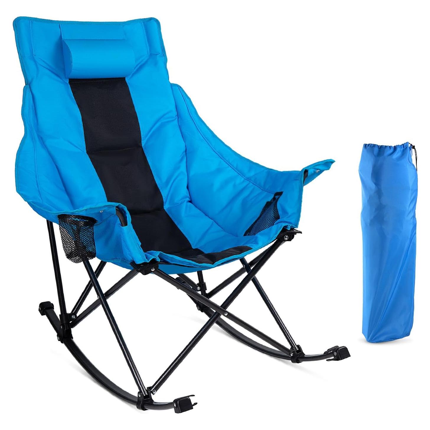 LEMBERI Outdoor Folding Rocking Camping Chair for Adults,Portable Oversized Heavy Duty Camping Rocker, Folding Lawn Chair for Outside Use with Cup Holder,Cooler Bag and Side Pocket