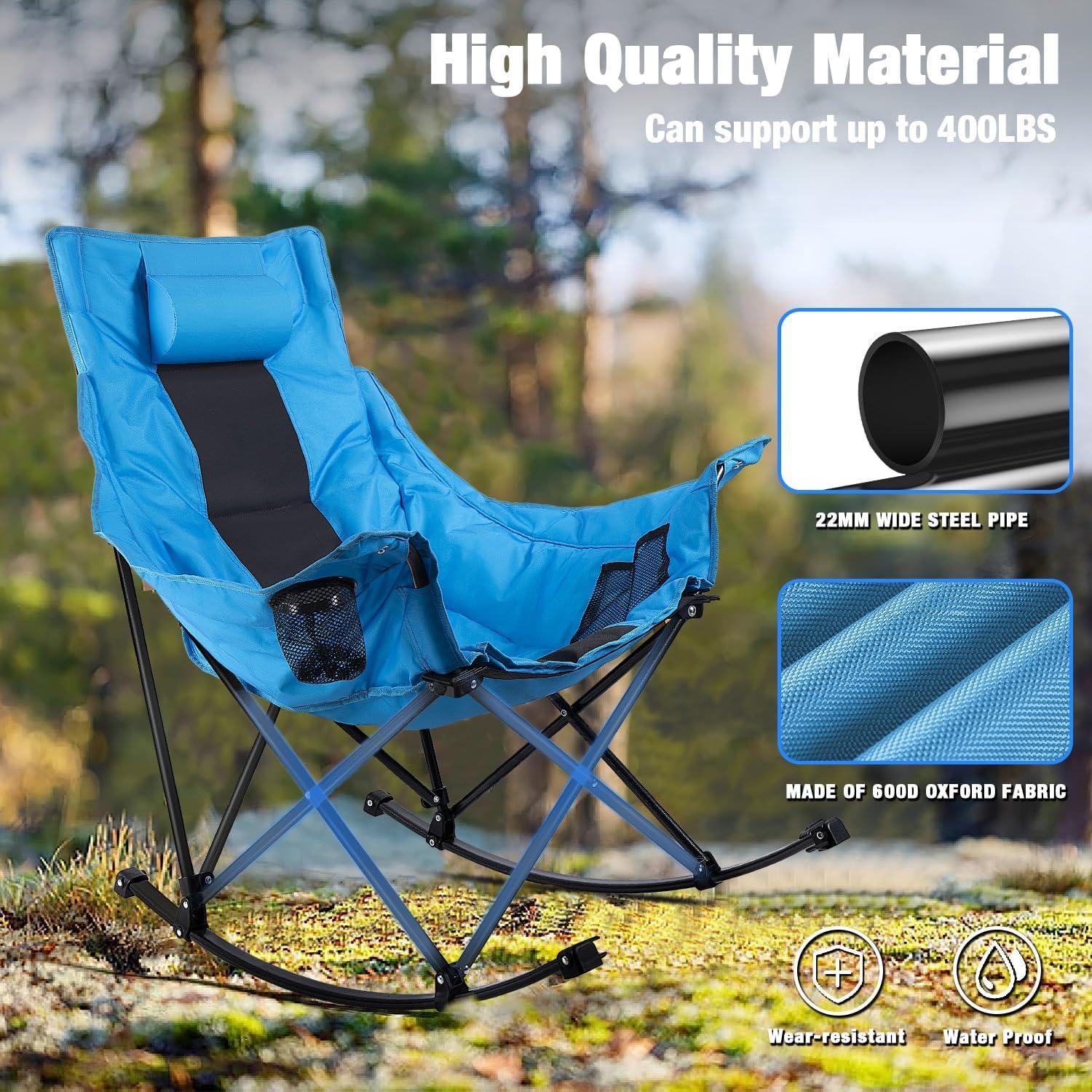LEMBERI Outdoor Folding Rocking Camping Chair for Adults,Portable Oversized Heavy Duty Camping Rocker, Folding Lawn Chair for Outside Use with Cup Holder,Cooler Bag and Side Pocket