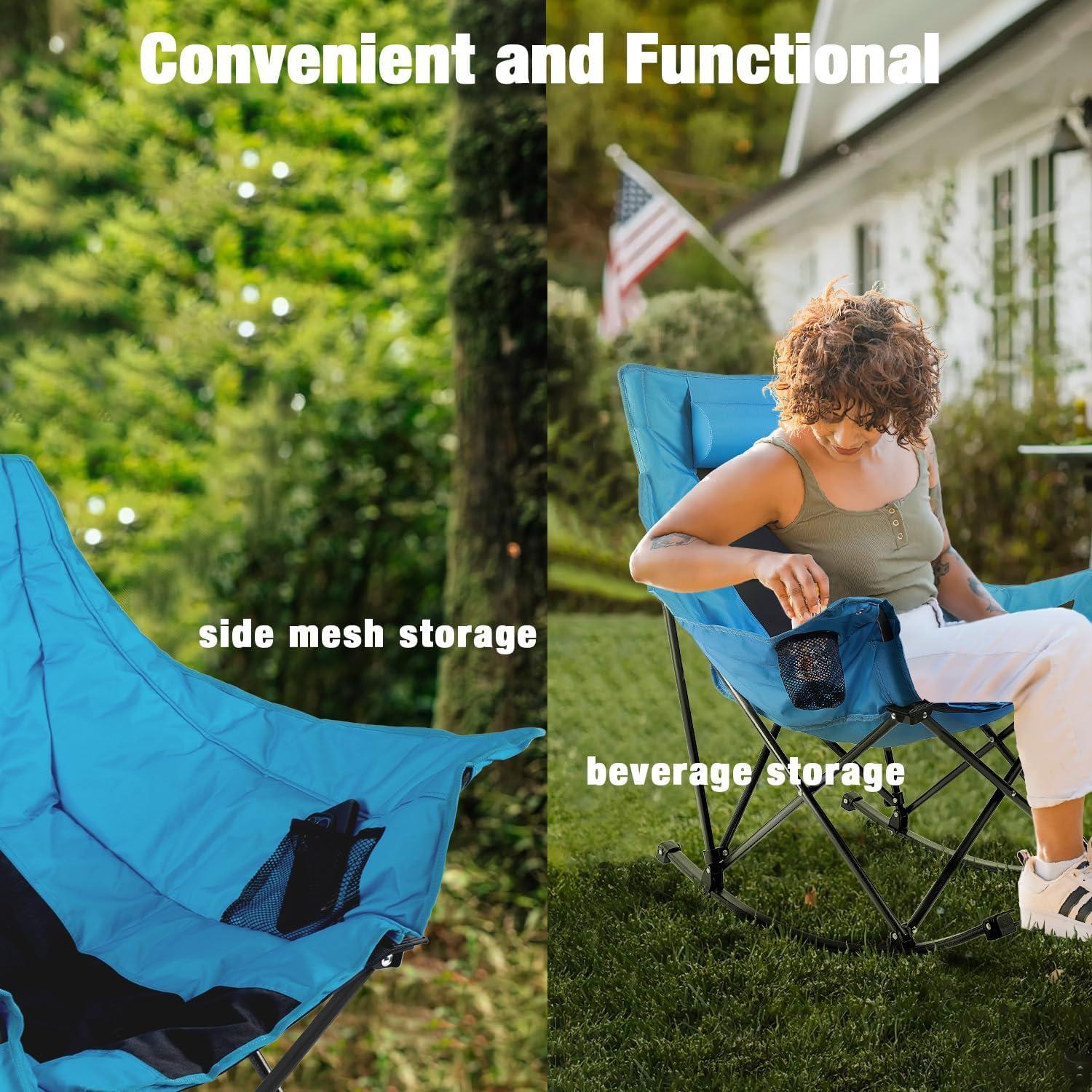 LEMBERI Outdoor Folding Rocking Camping Chair for Adults,Portable Oversized Heavy Duty Camping Rocker, Folding Lawn Chair for Outside Use with Cup Holder,Cooler Bag and Side Pocket