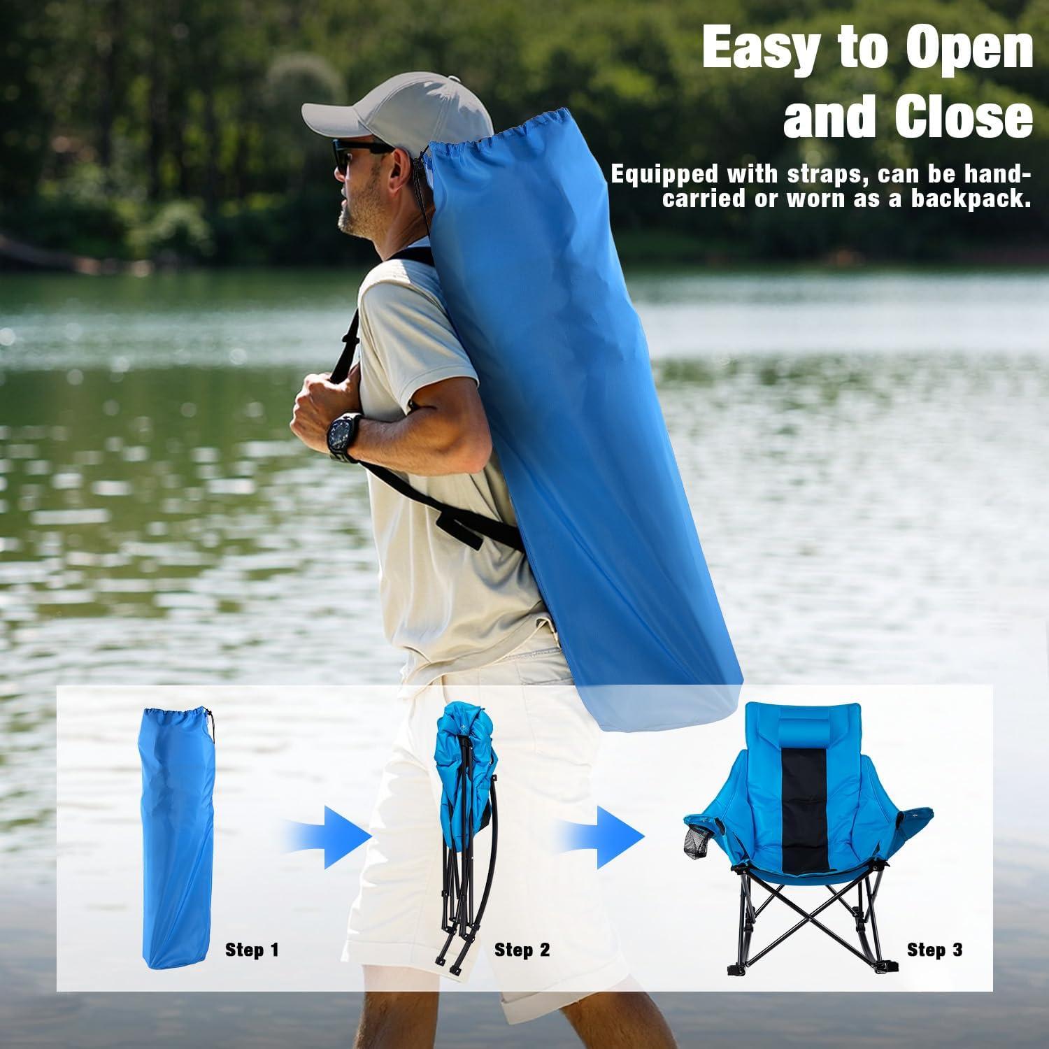 LEMBERI Outdoor Folding Rocking Camping Chair for Adults,Portable Oversized Heavy Duty Camping Rocker, Folding Lawn Chair for Outside Use with Cup Holder,Cooler Bag and Side Pocket