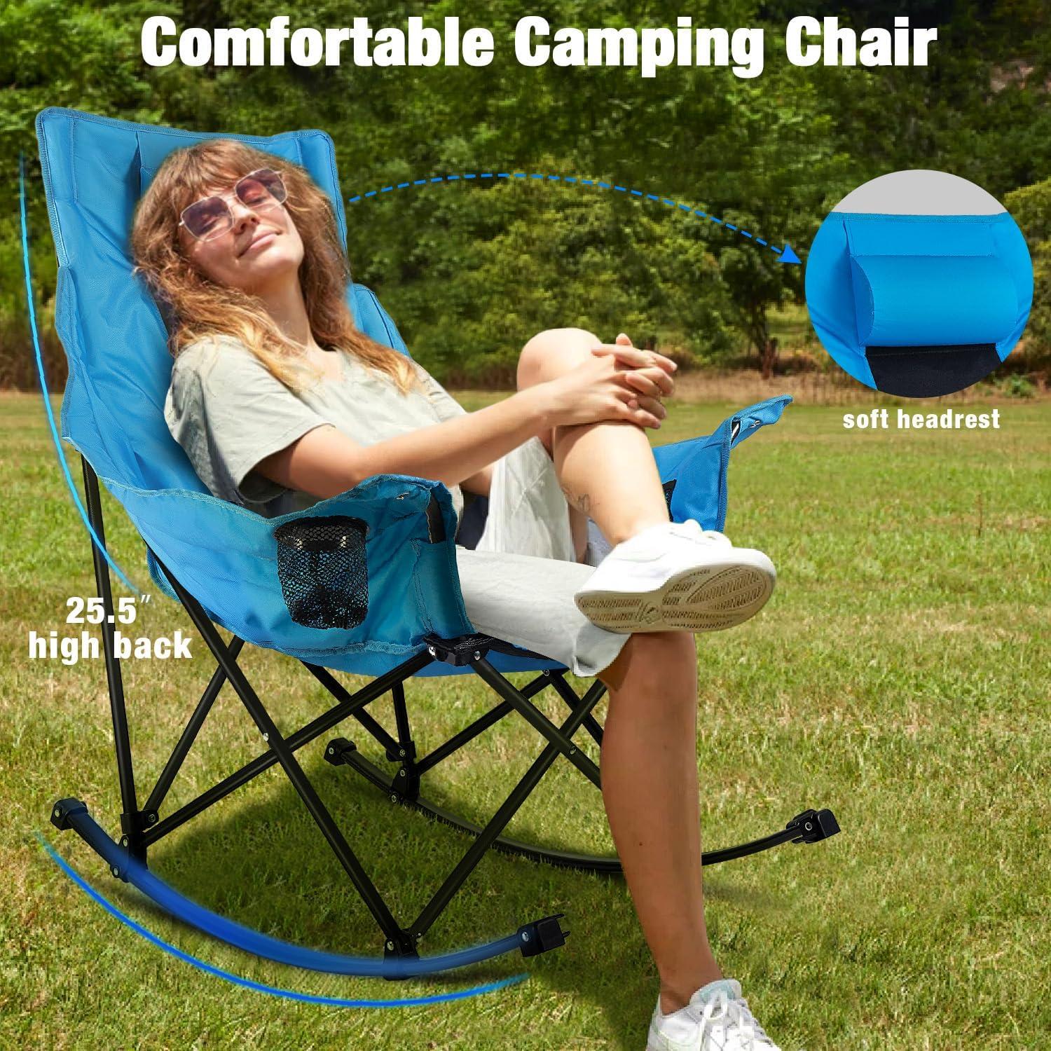 LEMBERI Outdoor Folding Rocking Camping Chair for Adults,Portable Oversized Heavy Duty Camping Rocker, Folding Lawn Chair for Outside Use with Cup Holder,Cooler Bag and Side Pocket