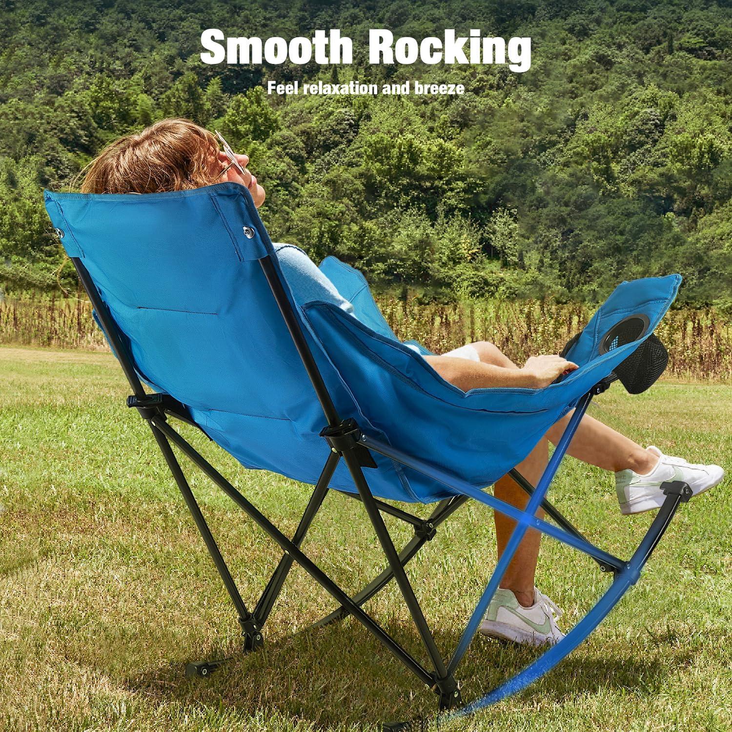 LEMBERI Outdoor Folding Rocking Camping Chair for Adults,Portable Oversized Heavy Duty Camping Rocker, Folding Lawn Chair for Outside Use with Cup Holder,Cooler Bag and Side Pocket