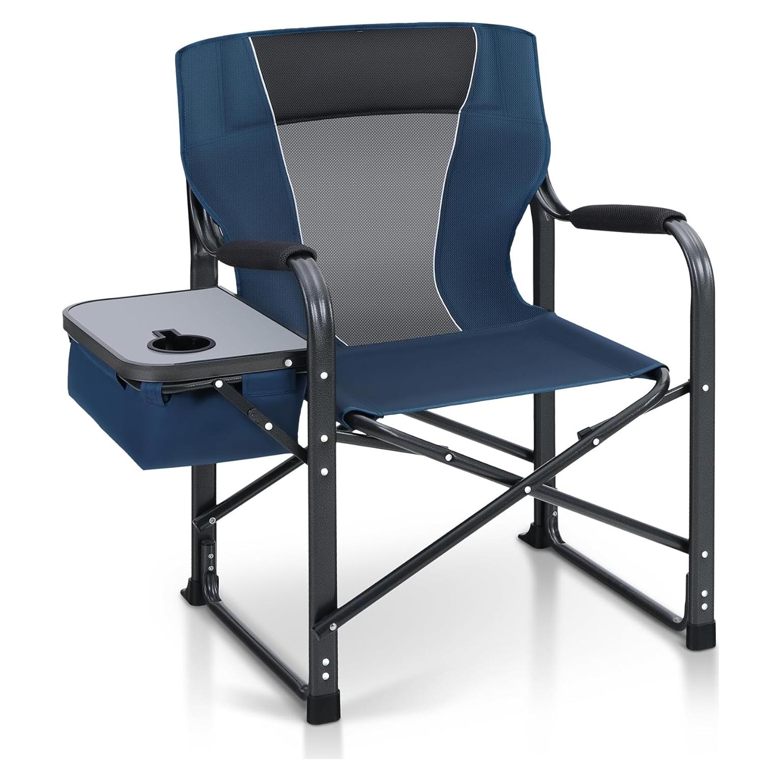 LET'S CAMP Oversized Folding Director Chair Outdoor Heavy Duty Camping Chair with Side Table and Cooler Bag for Picnic, Hiking, Fishing, Supports 350LBS