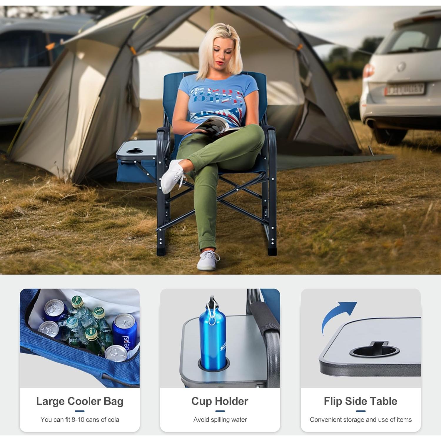 LET'S CAMP Oversized Folding Director Chair Outdoor Heavy Duty Camping Chair with Side Table and Cooler Bag for Picnic, Hiking, Fishing, Supports 350LBS