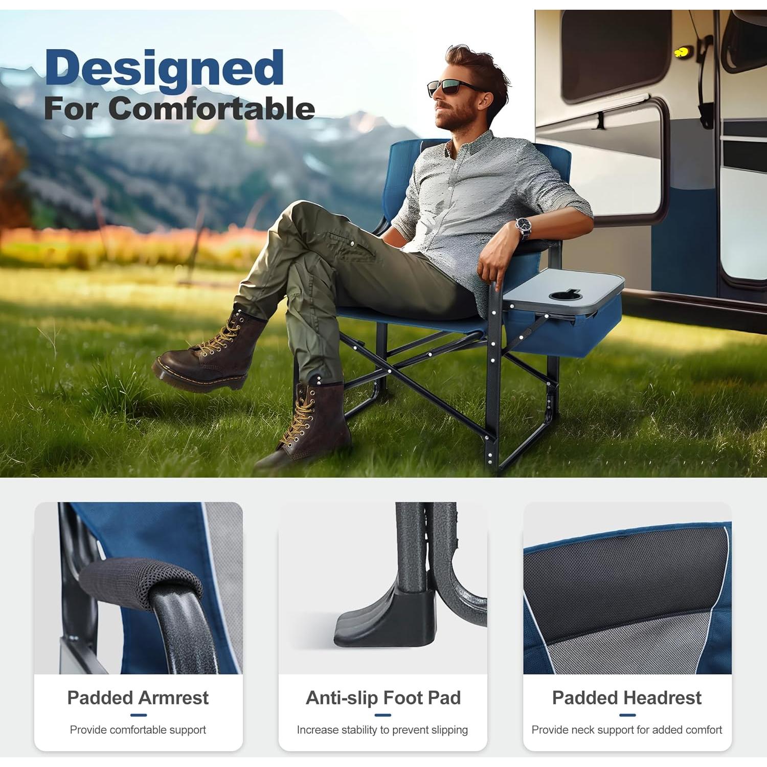 LET'S CAMP Oversized Folding Director Chair Outdoor Heavy Duty Camping Chair with Side Table and Cooler Bag for Picnic, Hiking, Fishing, Supports 350LBS