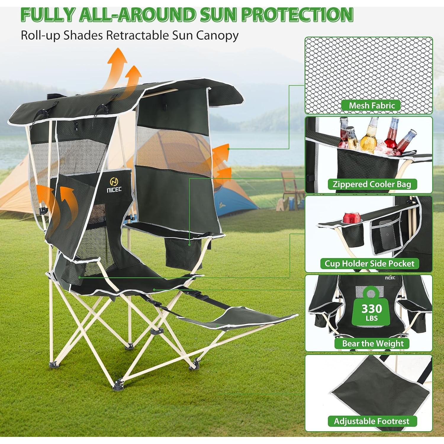 Silla de Camping Plegable Nice C Verde con Dosel y Reposapiés