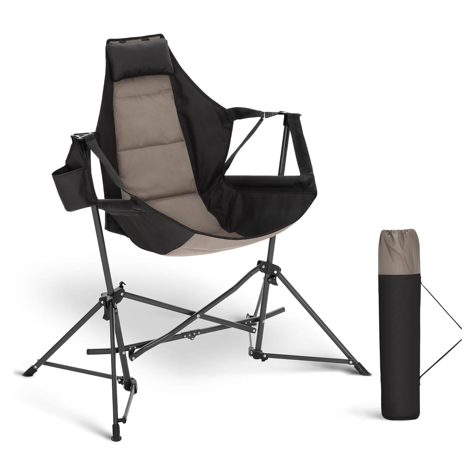 ALPHA CAMP Hammock Folding Rocking Chair with Cup Drink Holder, High Back Padded Swinging Chair for Outdoor,Camping, Lawn,Backyard,Picnic, Steel, Heavy Duty Portable Oversized(Black)