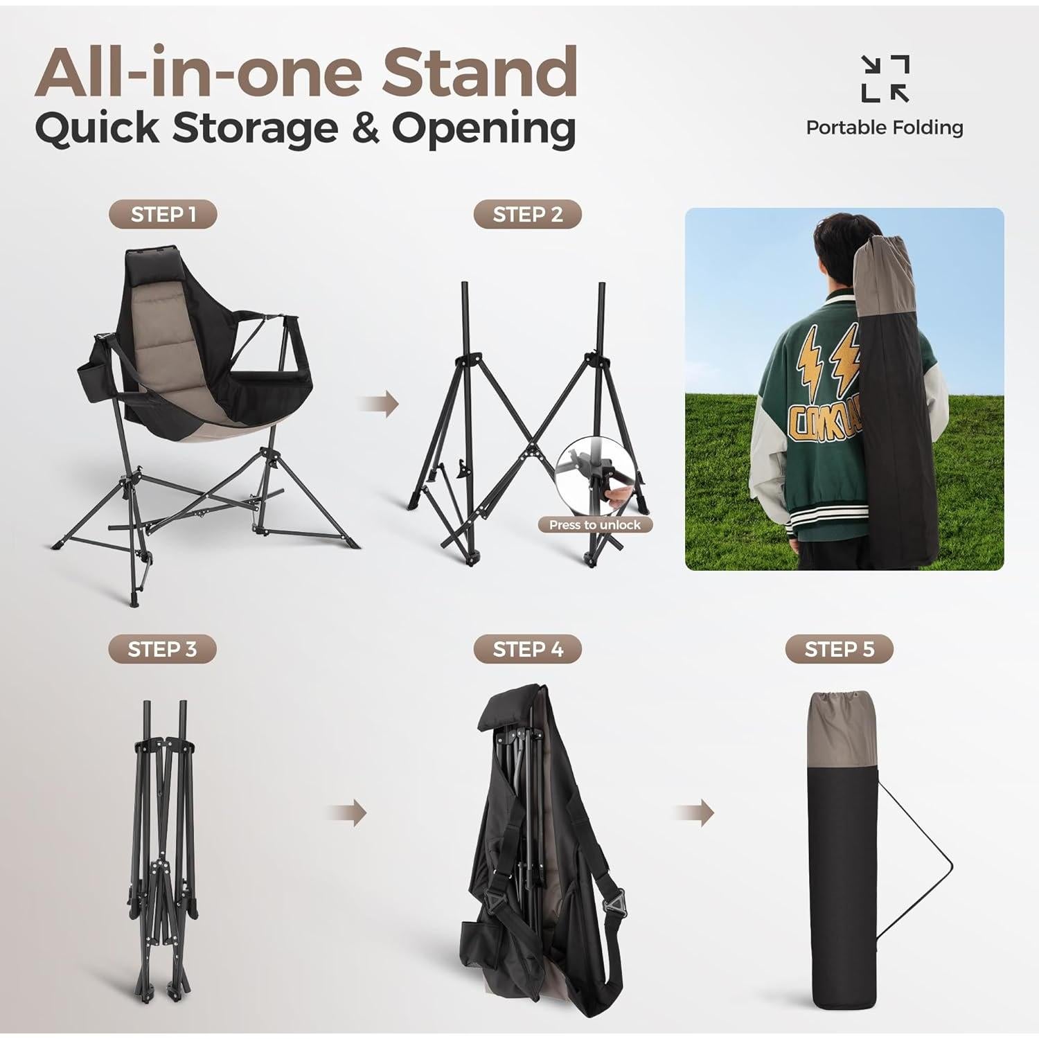 ALPHA CAMP Hammock Folding Rocking Chair with Cup Drink Holder, High Back Padded Swinging Chair for Outdoor,Camping, Lawn,Backyard,Picnic, Steel, Heavy Duty Portable Oversized(Black)