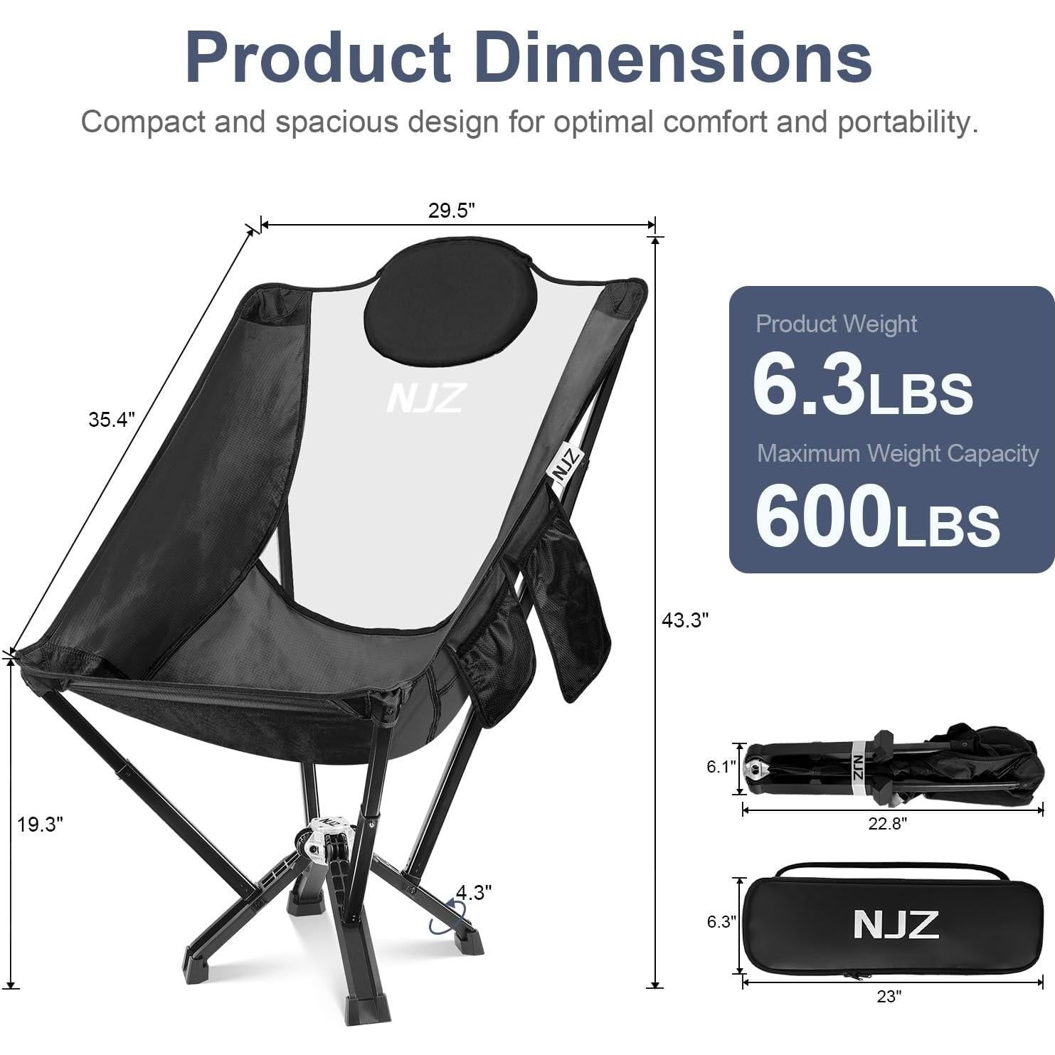 Camping Chair High Back Portable Chair Compact Outdoor Chair 450 LBS Capacity Folding Seat for Adults with Carry Bag for Picnic Fishing Beach (High back-450LBS,D-Black)