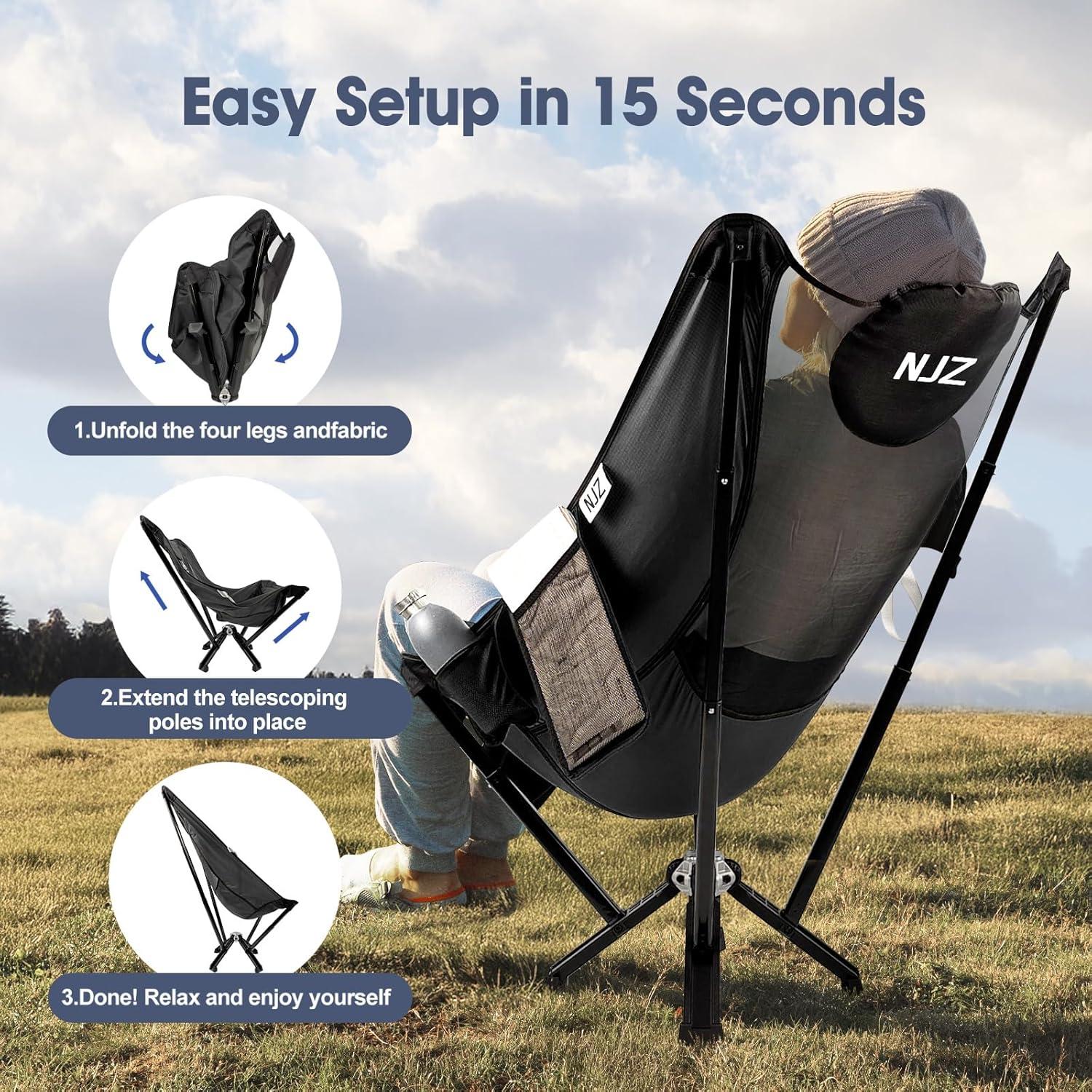 Camping Chair High Back Portable Chair Compact Outdoor Chair 450 LBS Capacity Folding Seat for Adults with Carry Bag for Picnic Fishing Beach (High back-450LBS,D-Black)