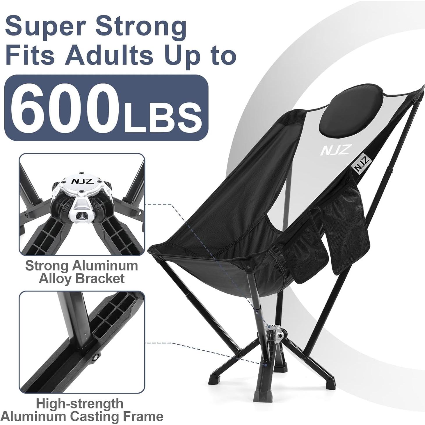 Camping Chair High Back Portable Chair Compact Outdoor Chair 450 LBS Capacity Folding Seat for Adults with Carry Bag for Picnic Fishing Beach (High back-450LBS,D-Black)