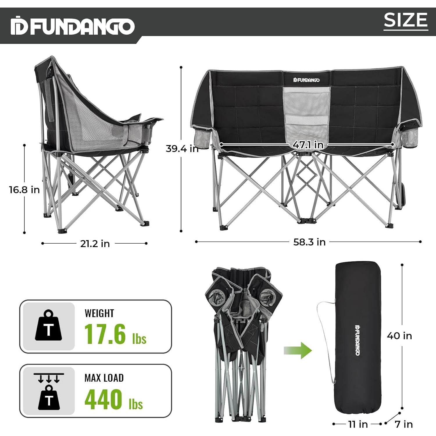 Silla de Camping Doble FUNDANGO 299kg Plegable con Cojín