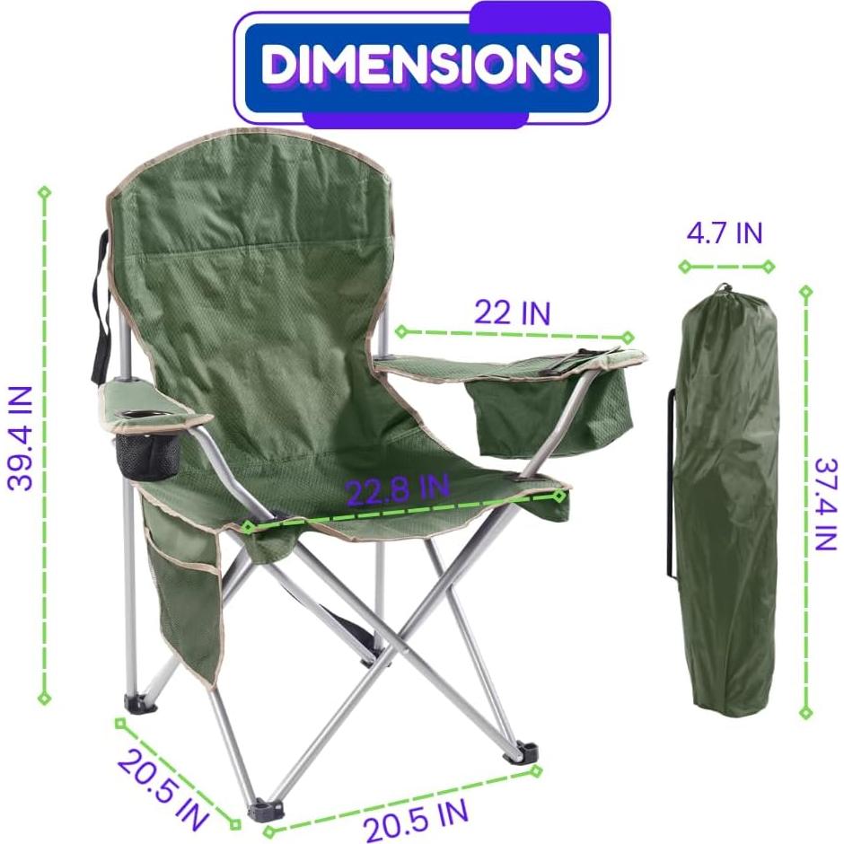 EZONE Conjunto de 2 Sillas de Camping con Enfriador Verde Oliva
