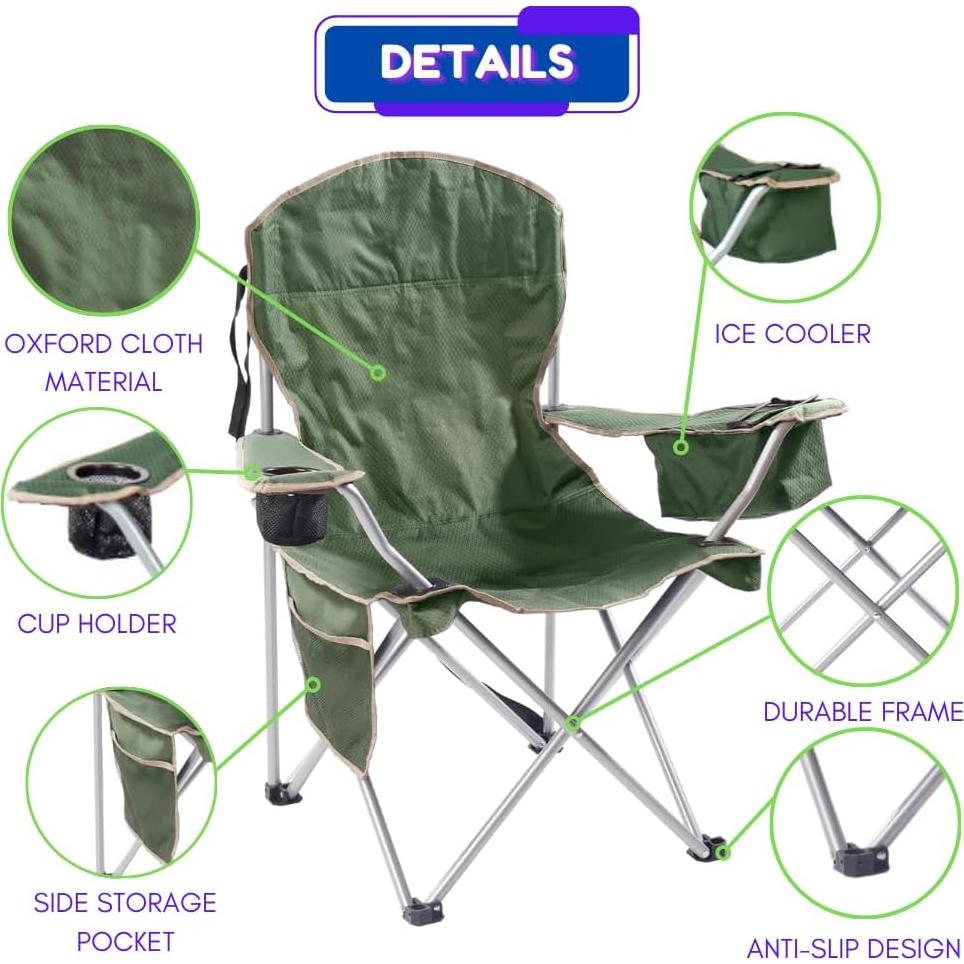 EZONE Conjunto de 2 Sillas de Camping con Enfriador Verde Oliva