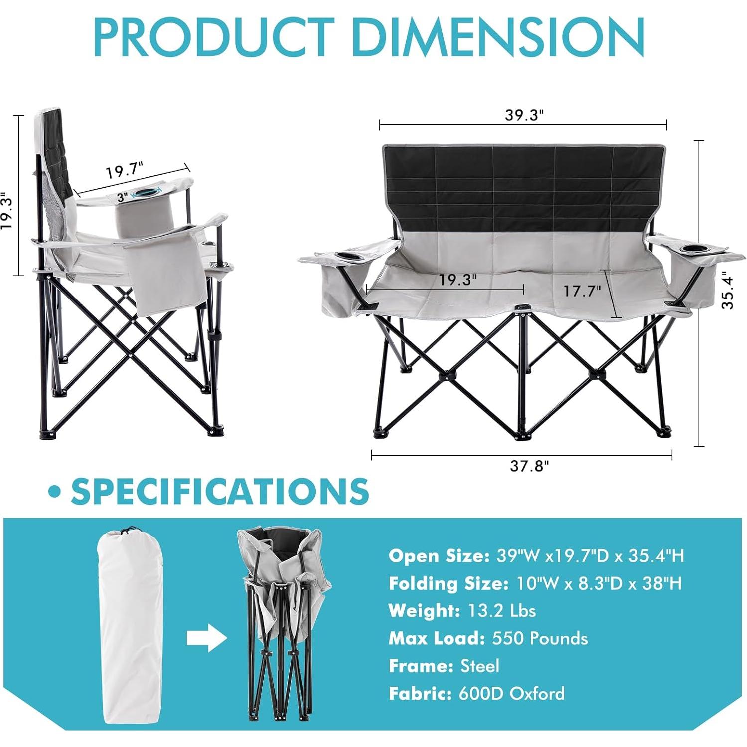 Silla de Camping Doble Plegable Rotinyard Gris 250 kg