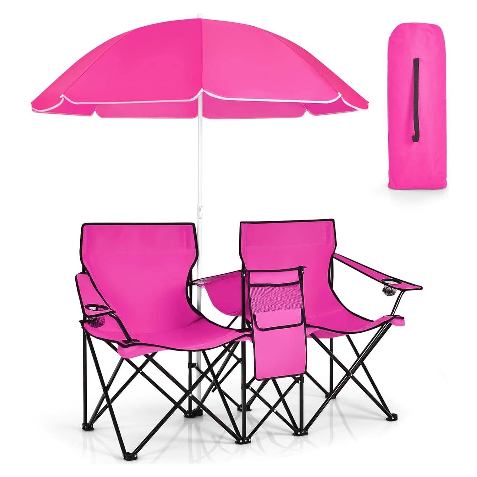 Silla de Camping Doble KOTEK Plegable con Paraguas Rosa
