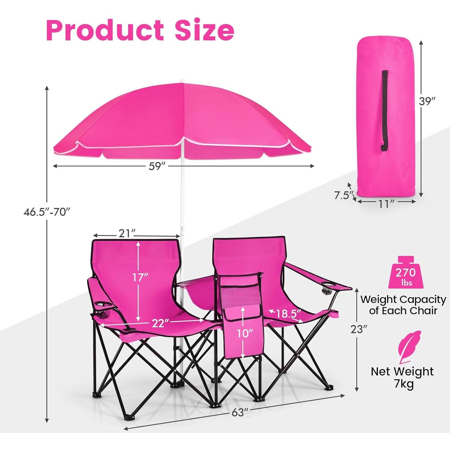 Silla de Camping Doble KOTEK Plegable con Paraguas Rosa