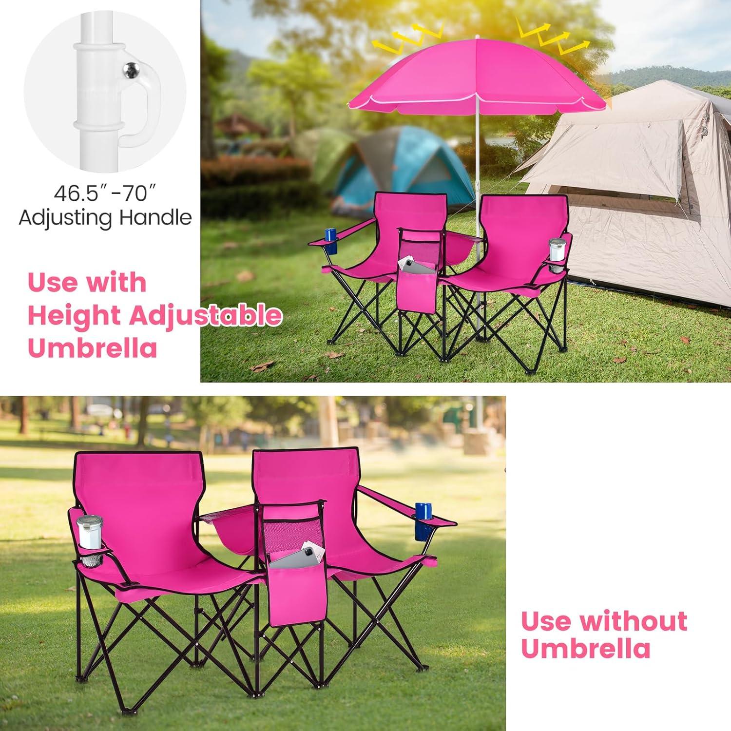 Silla de Camping Doble KOTEK Plegable con Paraguas Rosa