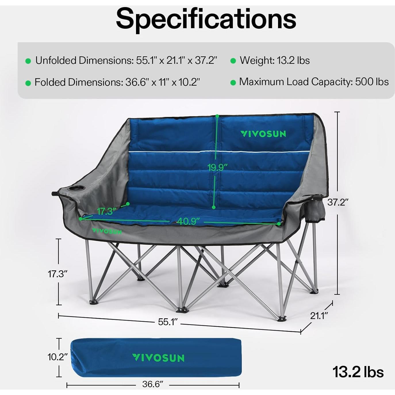 Silla de Camping Doble VIVOSUN DCC-004 Plegable Acolchada Azul