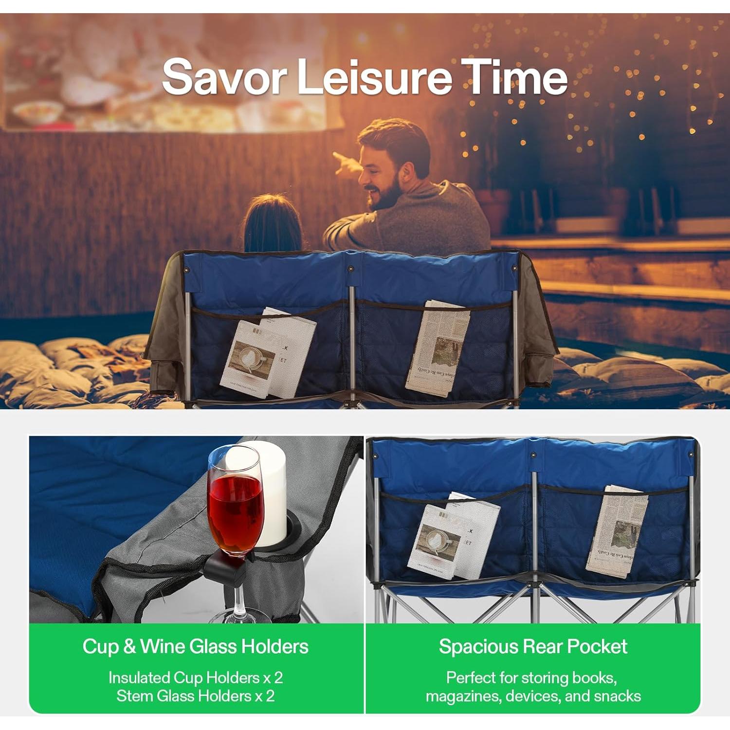 Silla de Camping Doble VIVOSUN DCC-004 Plegable Acolchada Azul