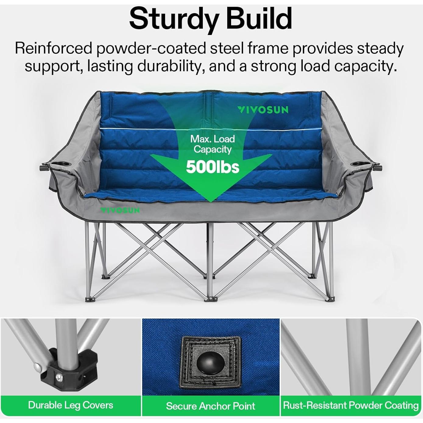 Silla de Camping Doble VIVOSUN DCC-004 Plegable Acolchada Azul