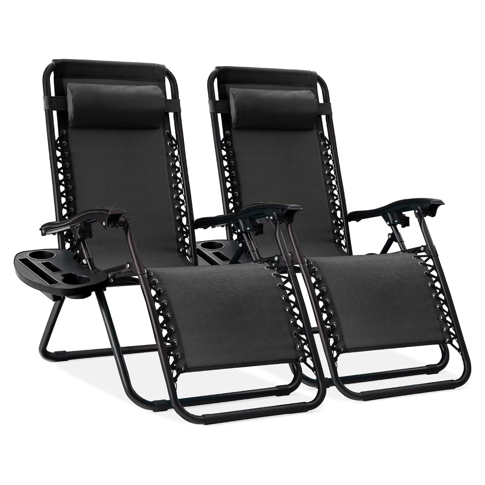 Best Choice Products Set of 2 Adjustable Steel Mesh Zero Gravity Lounge Chair Recliners w/Pillows and Cup Holder Trays - Black