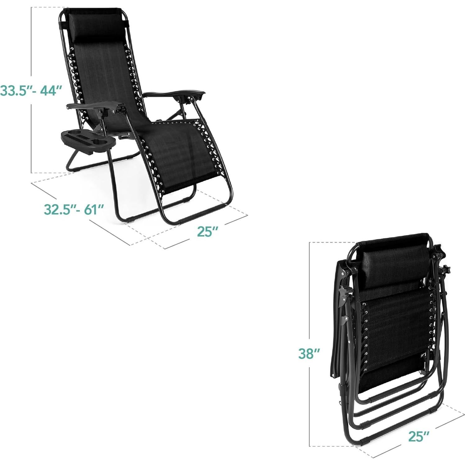 Best Choice Products Set of 2 Adjustable Steel Mesh Zero Gravity Lounge Chair Recliners w/Pillows and Cup Holder Trays - Black