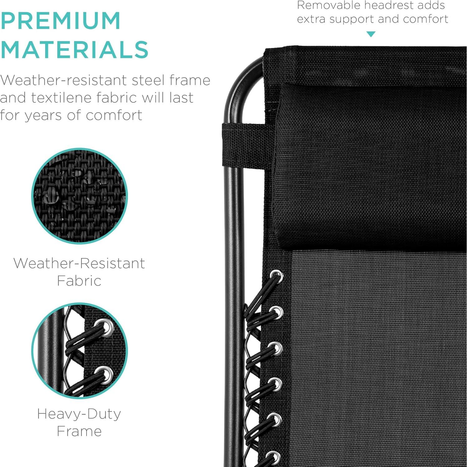 Best Choice Products Set of 2 Adjustable Steel Mesh Zero Gravity Lounge Chair Recliners w/Pillows and Cup Holder Trays - Black