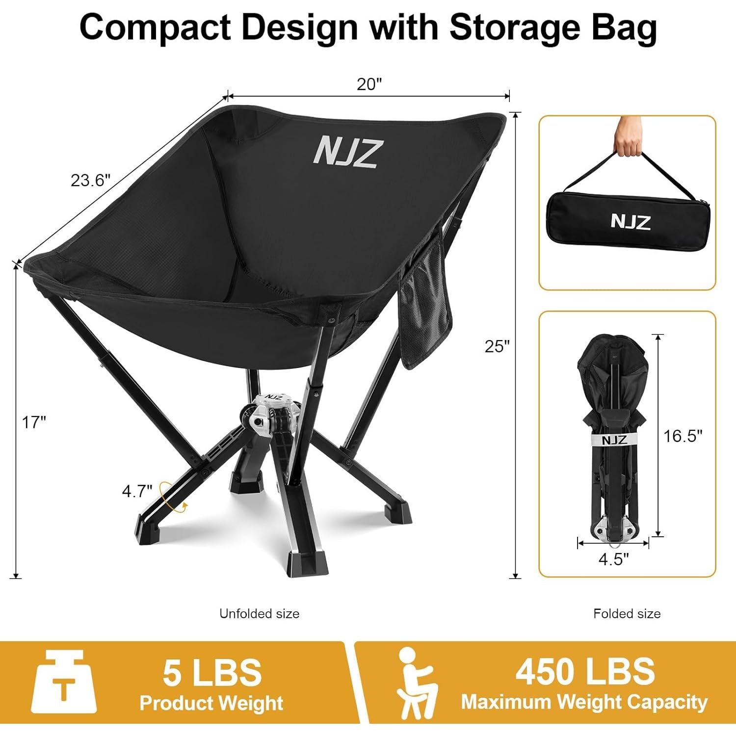 Silla de Camping Plegable NJZ Astyle Negra Soporta 204 kg