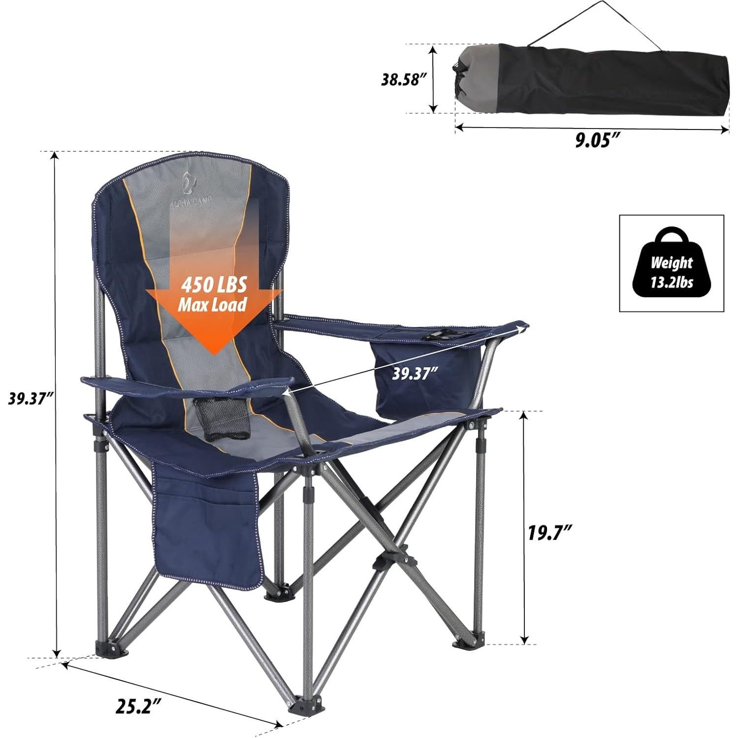 Silla de Camping Plegable ALPHA CAMP E01CC401-BK-2, 204 KG