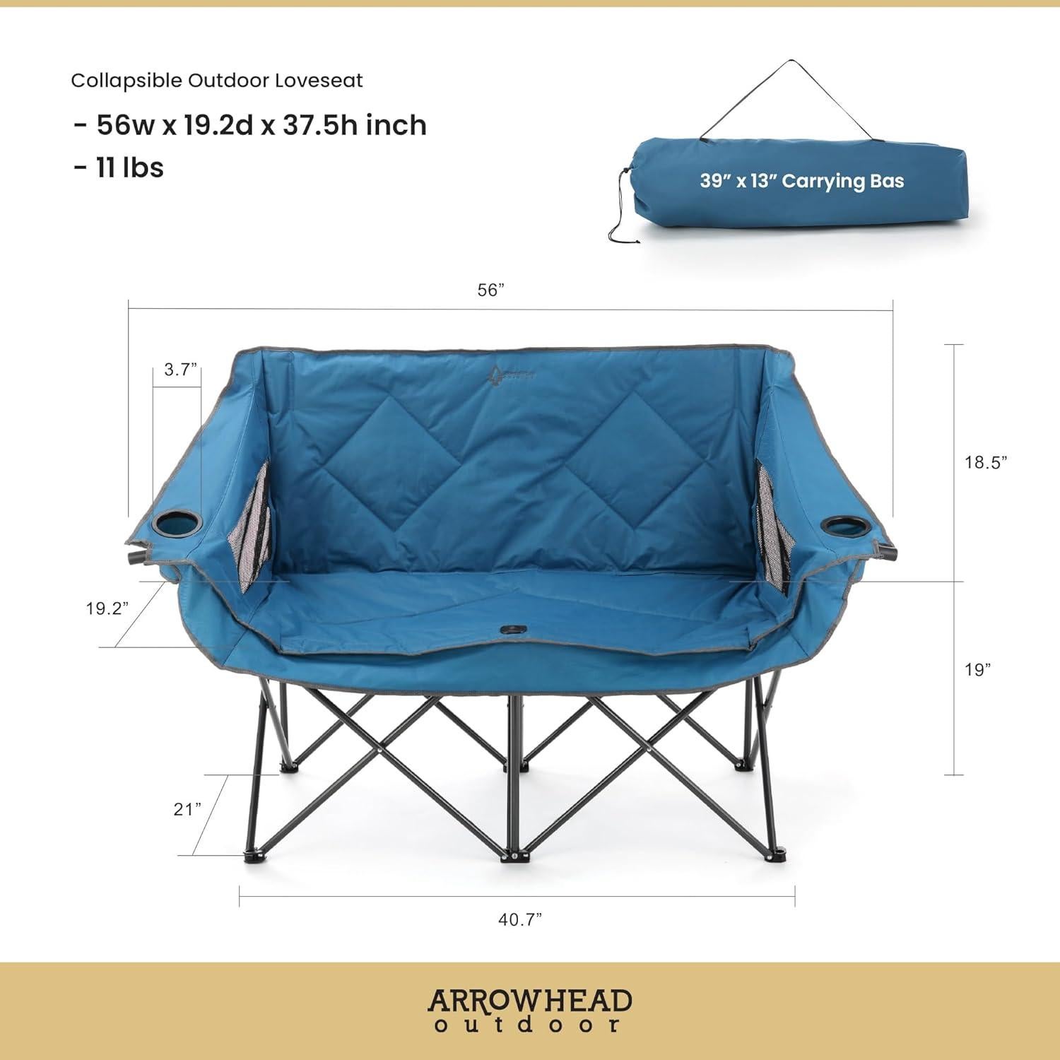 Silla de Camping Doble Arrowhead Outdoor Azul Plegable 650lbs