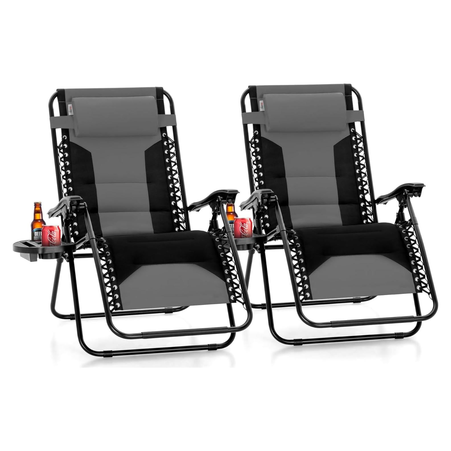 PHI VILLA XXL Oversized Padded Zero Gravity Chair, Foldable Patio Recliner, 28" Wide Seat Anti Gravity Lounger with Cup Holder, Set of 2, Support 400 LBS (Grey Black)