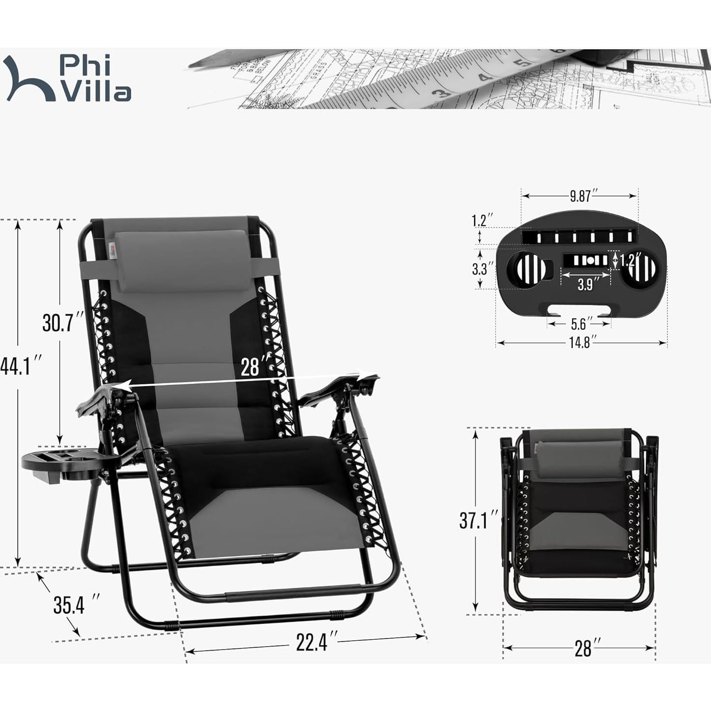 PHI VILLA XXL Oversized Padded Zero Gravity Chair, Foldable Patio Recliner, 28" Wide Seat Anti Gravity Lounger with Cup Holder, Set of 2, Support 400 LBS (Grey Black)