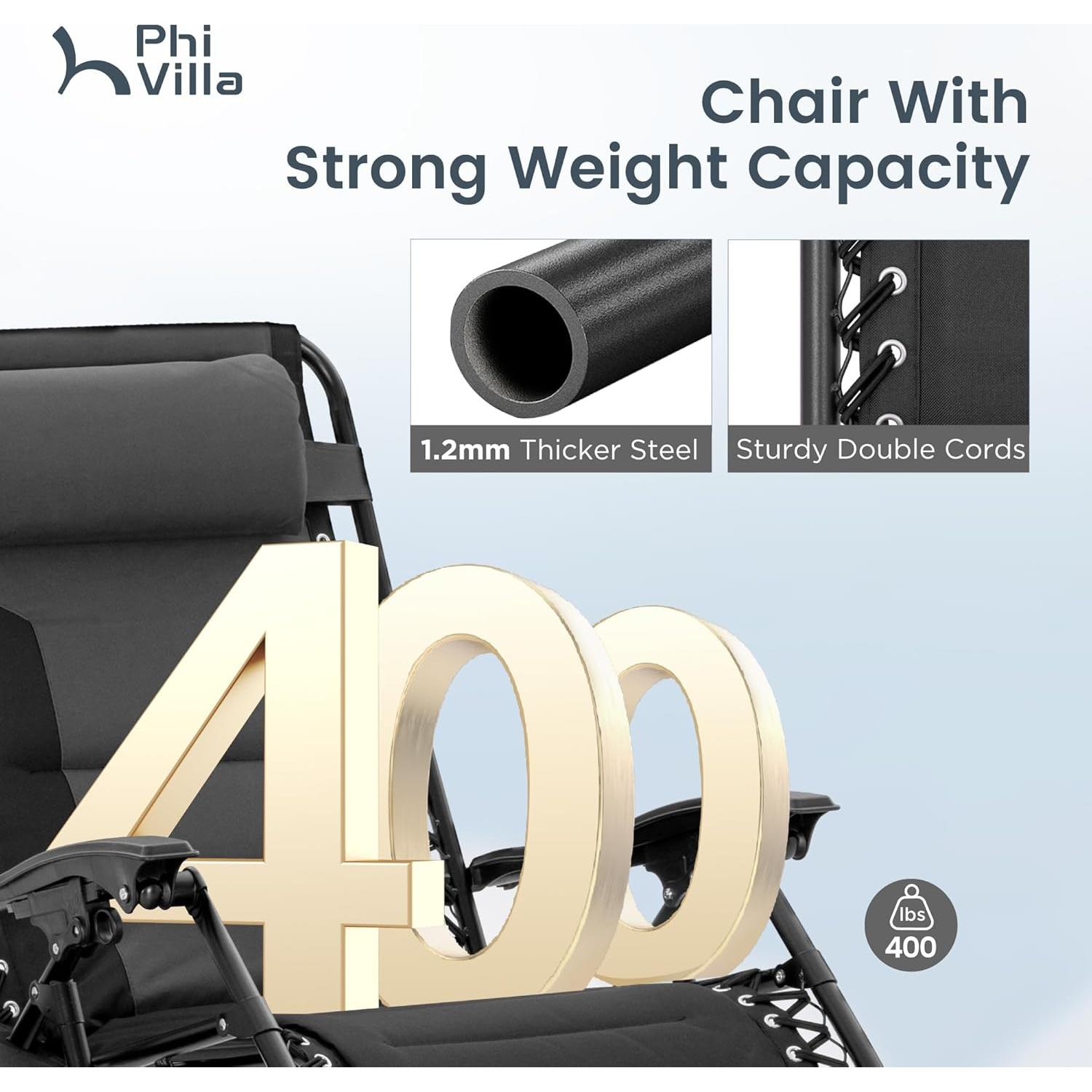 PHI VILLA XXL Oversized Padded Zero Gravity Chair, Foldable Patio Recliner, 28" Wide Seat Anti Gravity Lounger with Cup Holder, Set of 2, Support 400 LBS (Grey Black)