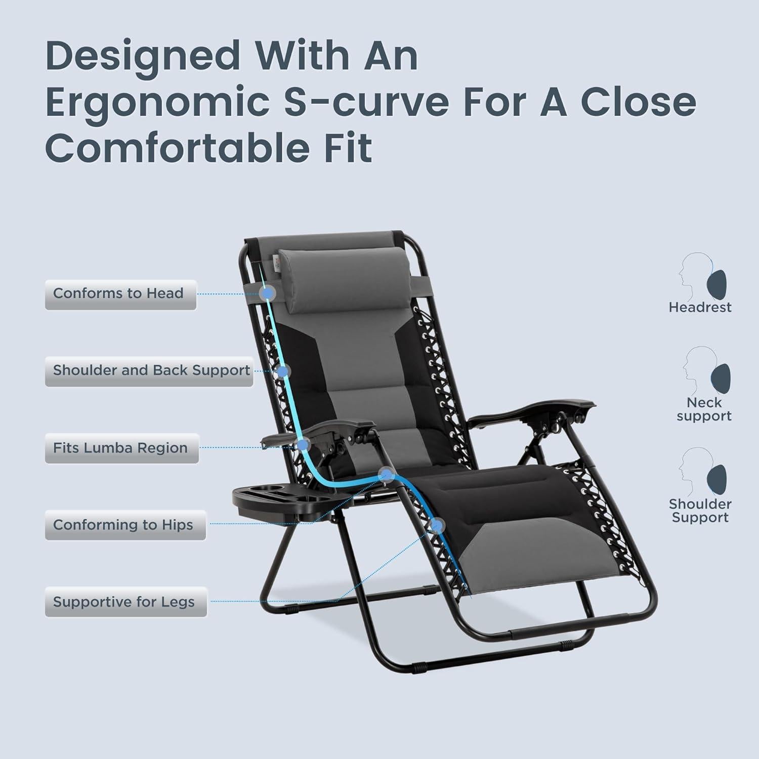 PHI VILLA XXL Oversized Padded Zero Gravity Chair, Foldable Patio Recliner, 28" Wide Seat Anti Gravity Lounger with Cup Holder, Set of 2, Support 400 LBS (Grey Black)