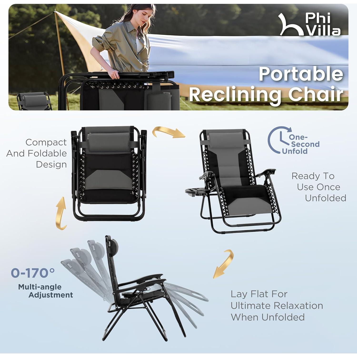 PHI VILLA XXL Oversized Padded Zero Gravity Chair, Foldable Patio Recliner, 28" Wide Seat Anti Gravity Lounger with Cup Holder, Set of 2, Support 400 LBS (Grey Black)