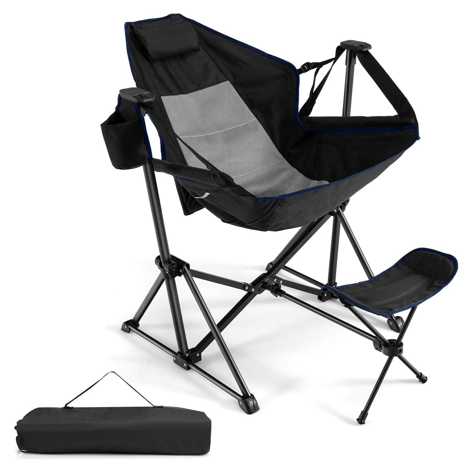 Silla de Camping GYMAX Plegable con Reposapiés y Almohada Negra