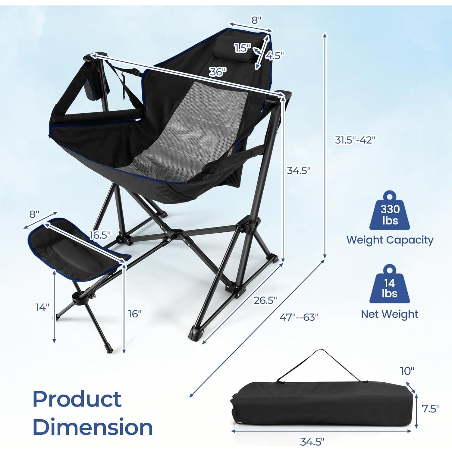 Silla de Camping GYMAX Plegable con Reposapiés y Almohada Negra