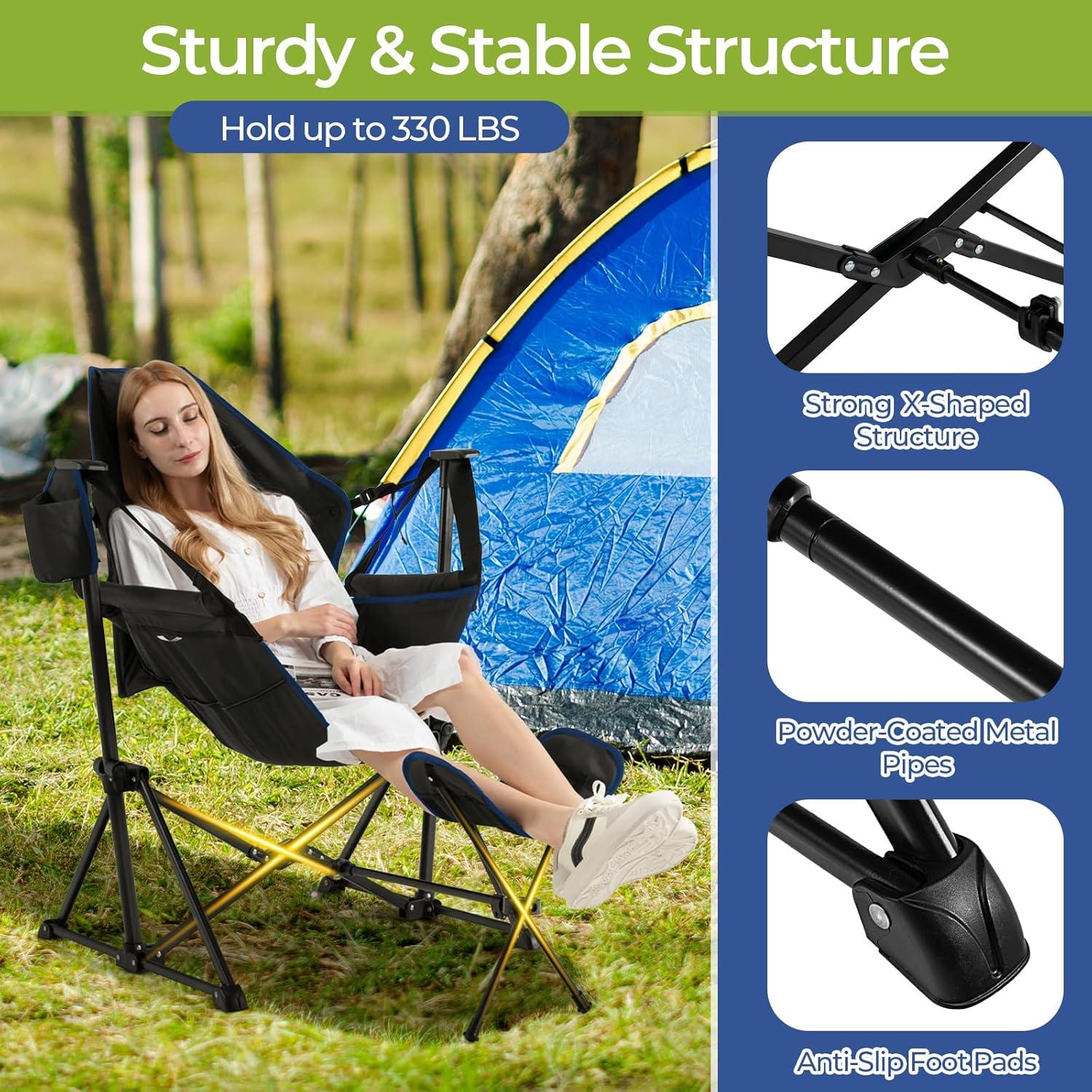 Silla de Camping GYMAX Plegable con Reposapiés y Almohada Negra