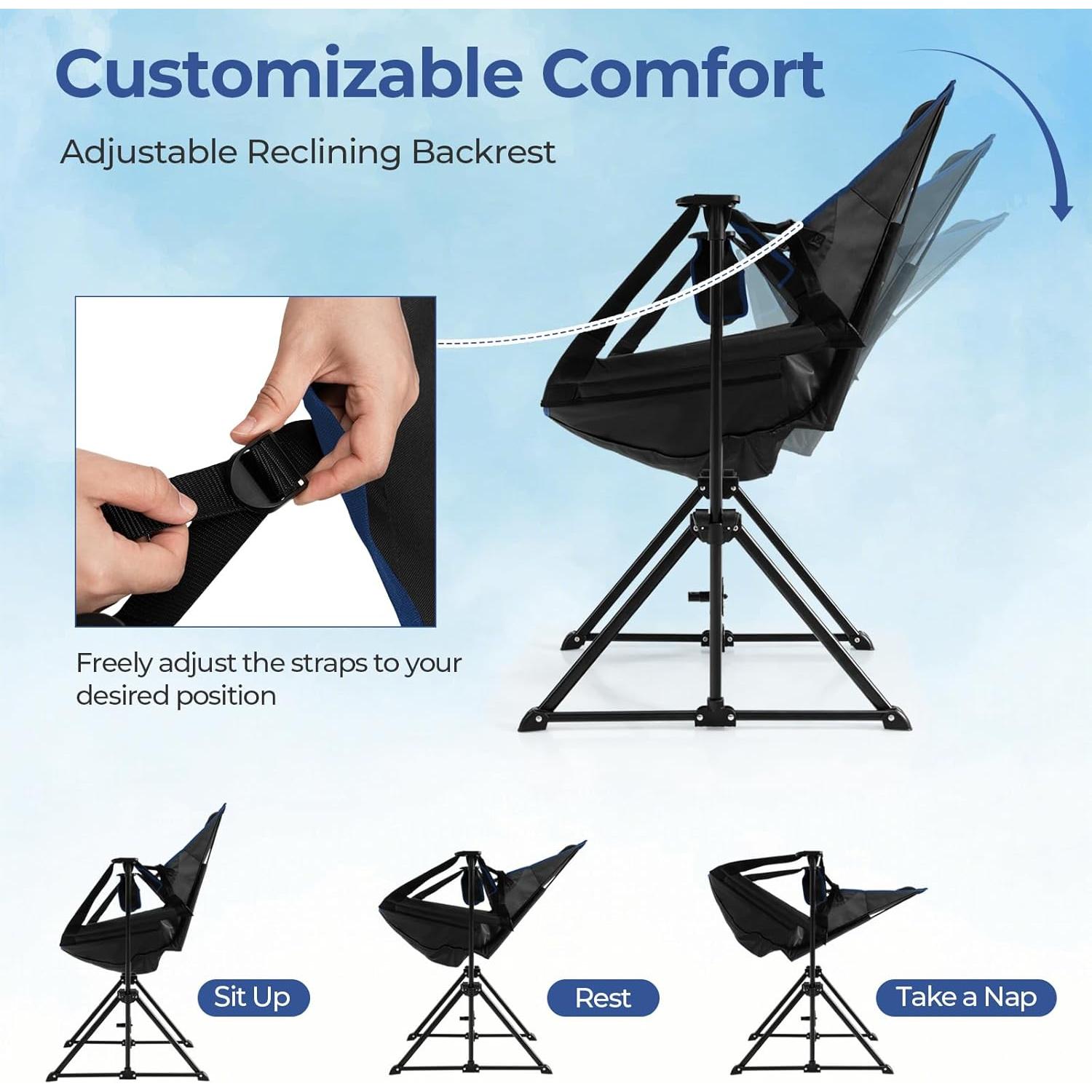 Silla de Camping GYMAX Plegable con Reposapiés y Almohada Negra