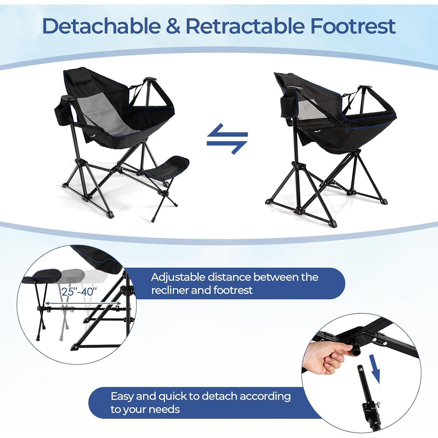 Silla de Camping GYMAX Plegable con Reposapiés y Almohada Negra