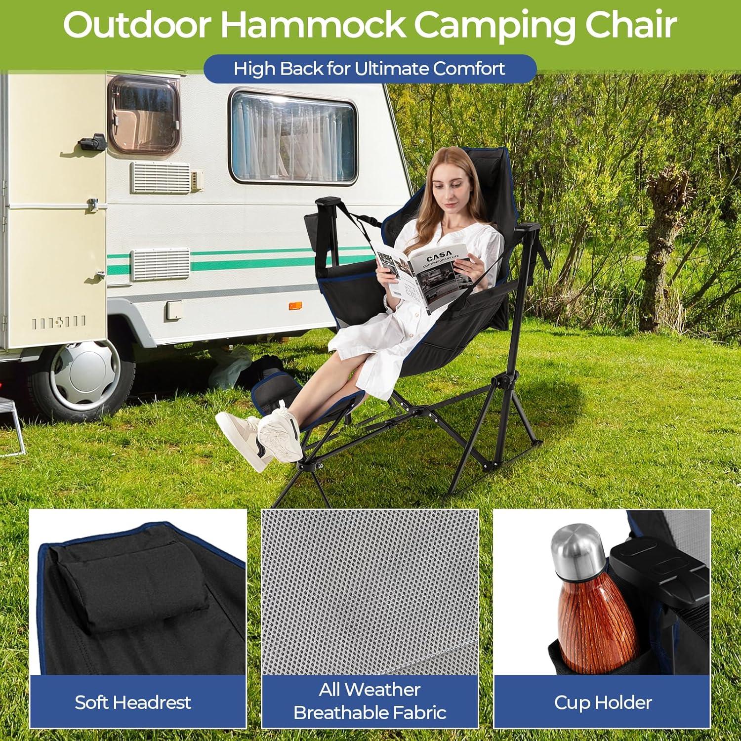 Silla de Camping GYMAX Plegable con Reposapiés y Almohada Negra