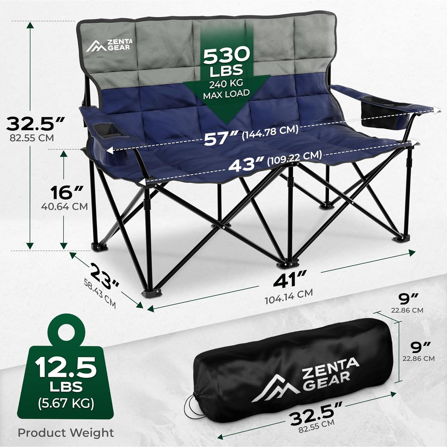 Silla de Camping Doble ZENTA GEAR con Cojín y Portavasos