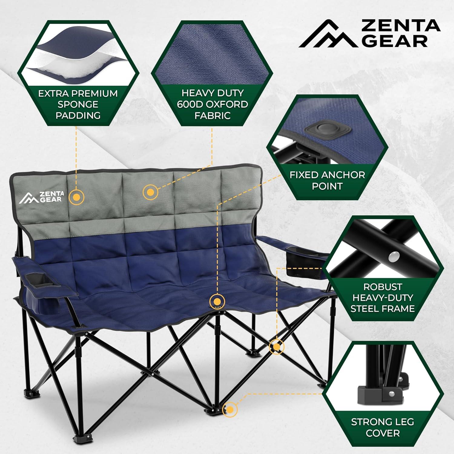 Silla de Camping Doble ZENTA GEAR con Cojín y Portavasos