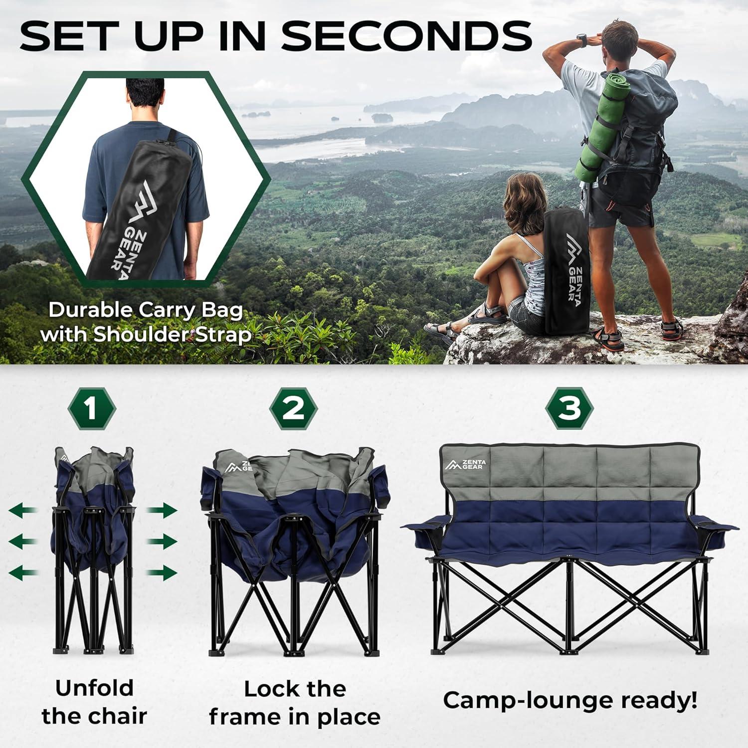 Silla de Camping Doble ZENTA GEAR con Cojín y Portavasos