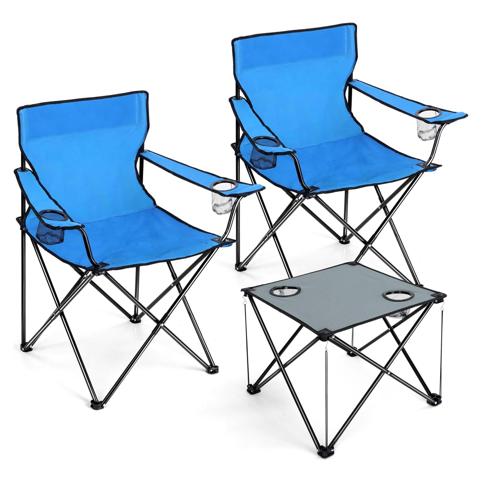 Joyfair Camping Chairs & Table Set(2 Chairs + 1 Table), Heavy Duty Portable Outdoor Lawn Large Folding Chair for Adults, Ideal for Backpacking Fishing Hiking, Carry Bag & Cup Holder (Blue Chair)