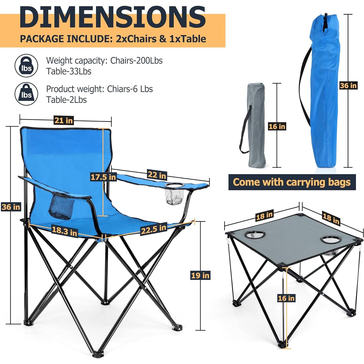 Joyfair Camping Chairs & Table Set(2 Chairs + 1 Table), Heavy Duty Portable Outdoor Lawn Large Folding Chair for Adults, Ideal for Backpacking Fishing Hiking, Carry Bag & Cup Holder (Blue Chair)
