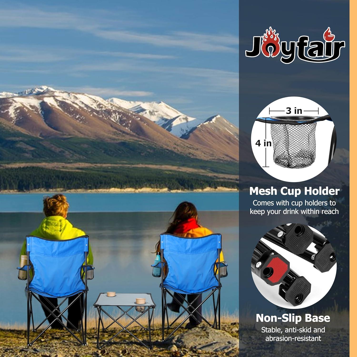 Joyfair Camping Chairs & Table Set(2 Chairs + 1 Table), Heavy Duty Portable Outdoor Lawn Large Folding Chair for Adults, Ideal for Backpacking Fishing Hiking, Carry Bag & Cup Holder (Blue Chair)