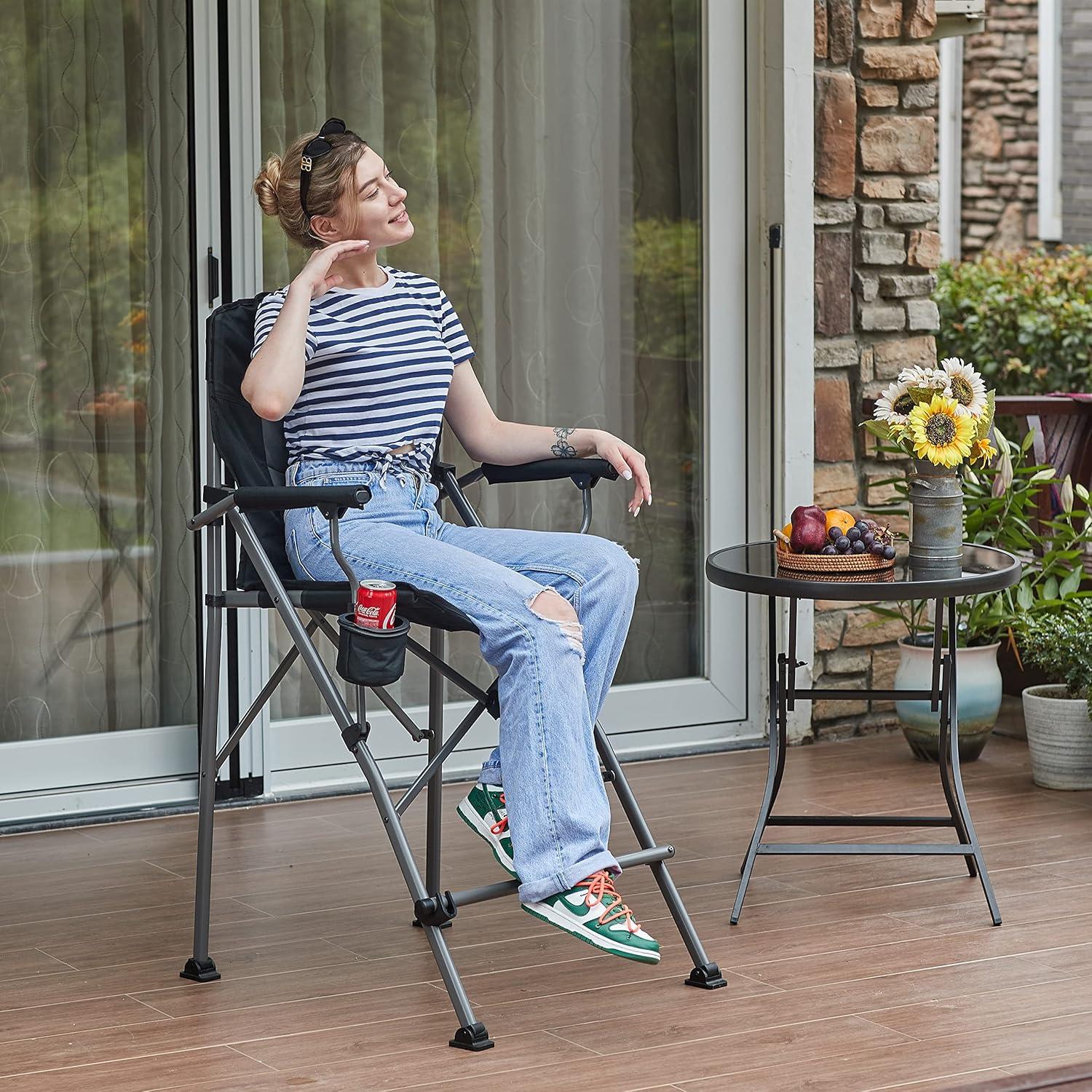 EVER ADVANCED Tall Directors Chair with Cup Holder 31", Bar Height Folding Chair for Camping, Sports with Carry Bag, Mesh Pockets and Footrest, Heavy Duty 300 lbs, Black